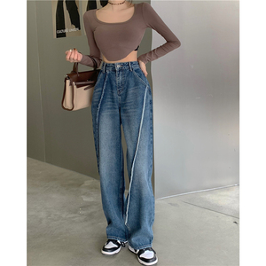 RM22022#高腰阔腿裤女明线拼接拖地长裤港风宽松直筒牛仔裤