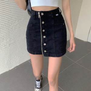 RM17972#韩版单排扣拉链高腰显瘦包臀裙牛仔半身裙短裙女裙