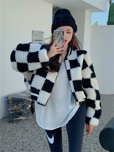 Real price fur one chessboard lattice long sleeve cotton jacket Korean fashion loose Baseball Jacket