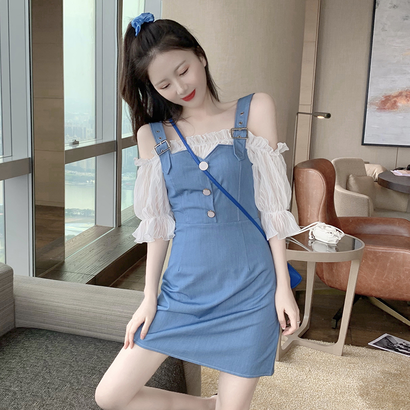 Real photo, real price, Korean women's dress, two pieces of fake denim patchwork, strap skirt, short sleeve and waist closing dress