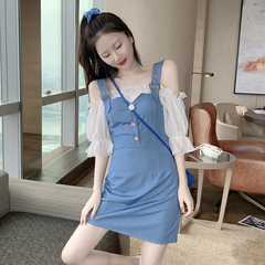 Real photo, real price, Korean women's dress, two pieces of fake denim patchwork, strap skirt, short sleeve and waist closing dress