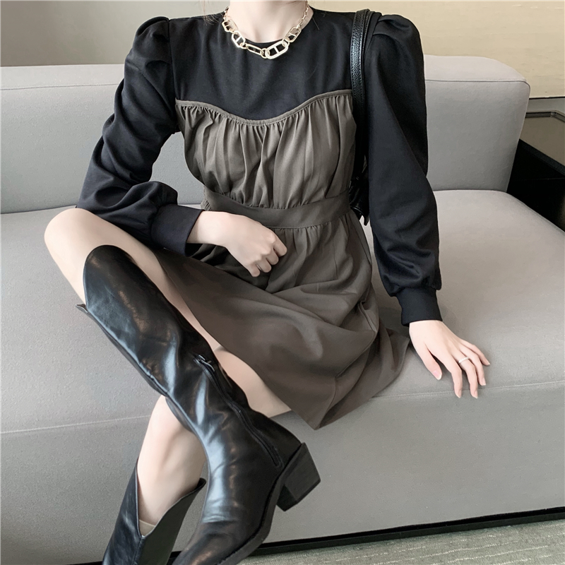 Real price! Chic pleated stitching A-line skirt with fashionable and slim long sleeve dress
