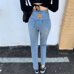 RM22016#韩版高腰水洗贴标基础百搭毛边牛仔裤九分裤女潮