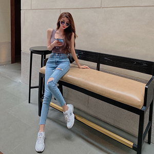 RM14648#韩版复古高腰弹力紧身裤百搭ins个性破洞牛仔裤