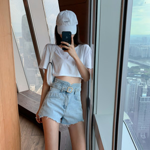 RM6471#韩版超火高腰毛边阔腿裤复古包臀牛仔短裤热裤潮
