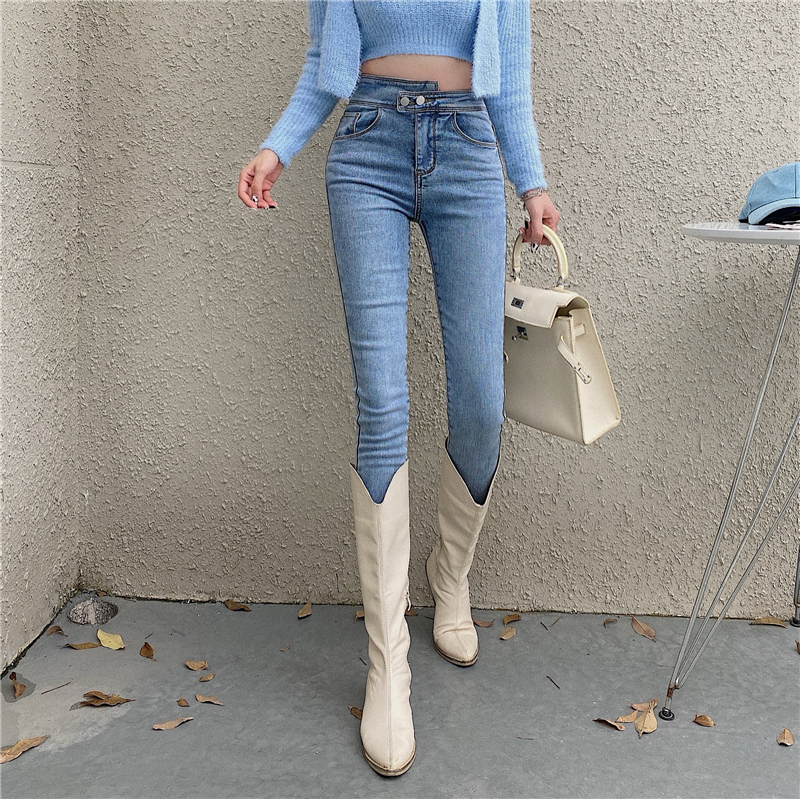 Real price! Hong Kong Style elastic dislocation high waist jeans ins retro fashion Fleece Pants