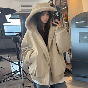 棉服女款2025新款美式pu皮座山雕外套加绒加厚派克服冬季棉衣棉袄