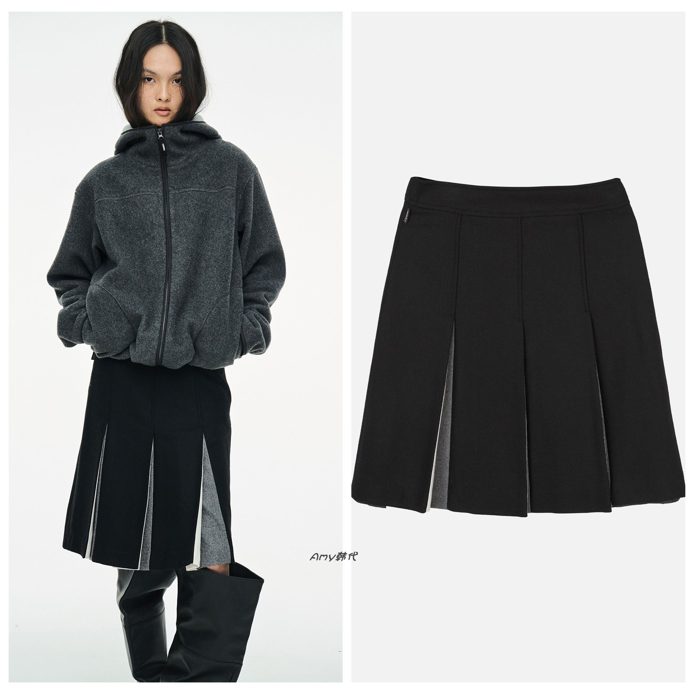 Amy韩国设计师品牌cerric25冬Pleated Midi Skirt皱褶羊毛半身裙