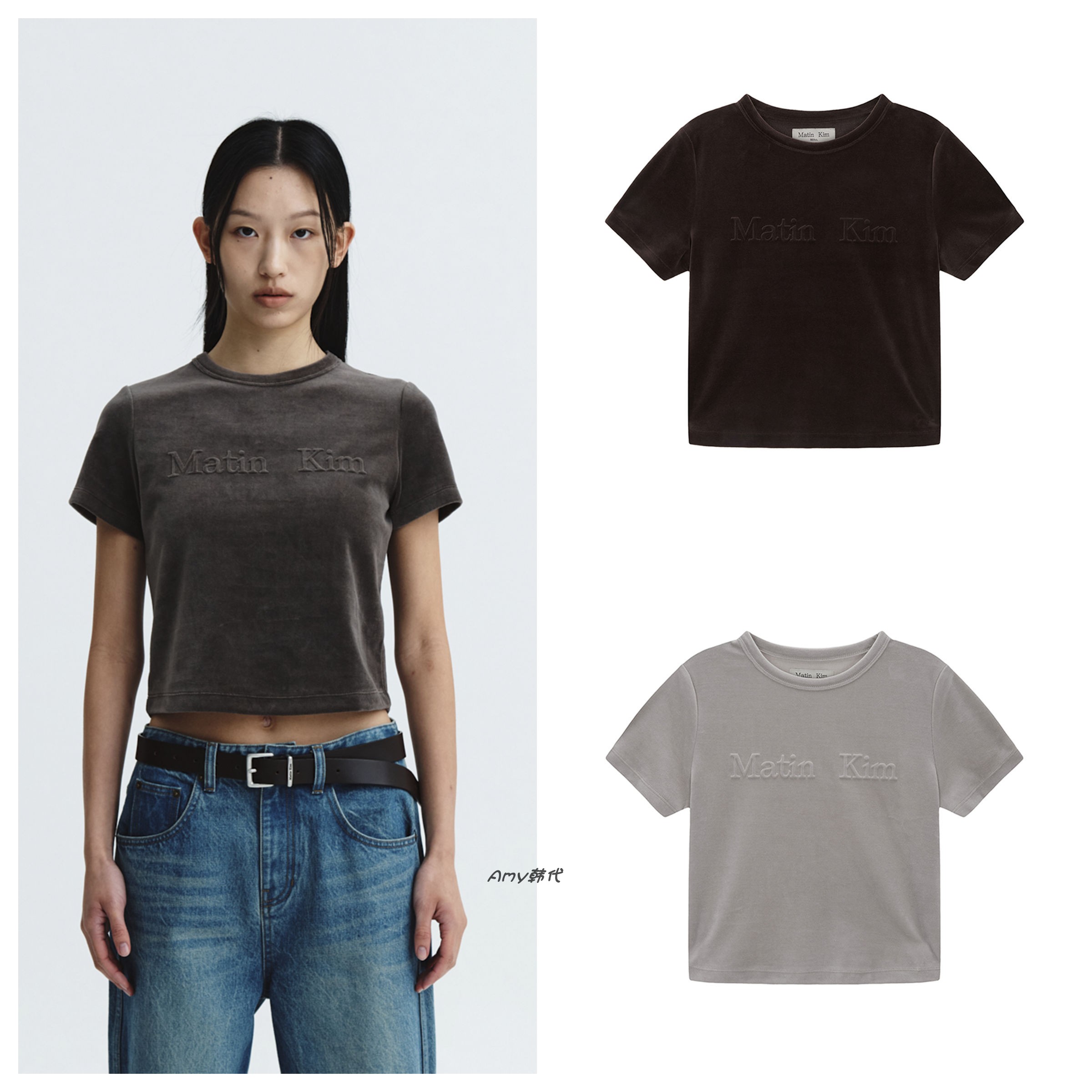 4折Amy韩代Matin Kim LOGO EMBOSS VELVET CROP印花短款短袖T恤