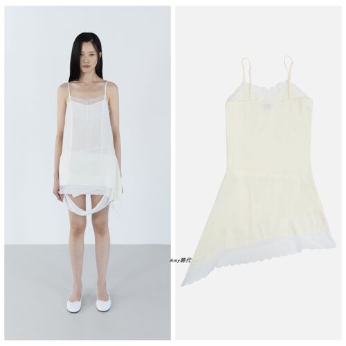 韩国设计师品牌cerric 26夏蕾丝边斜边吊带裙Diagonal Lace Dress