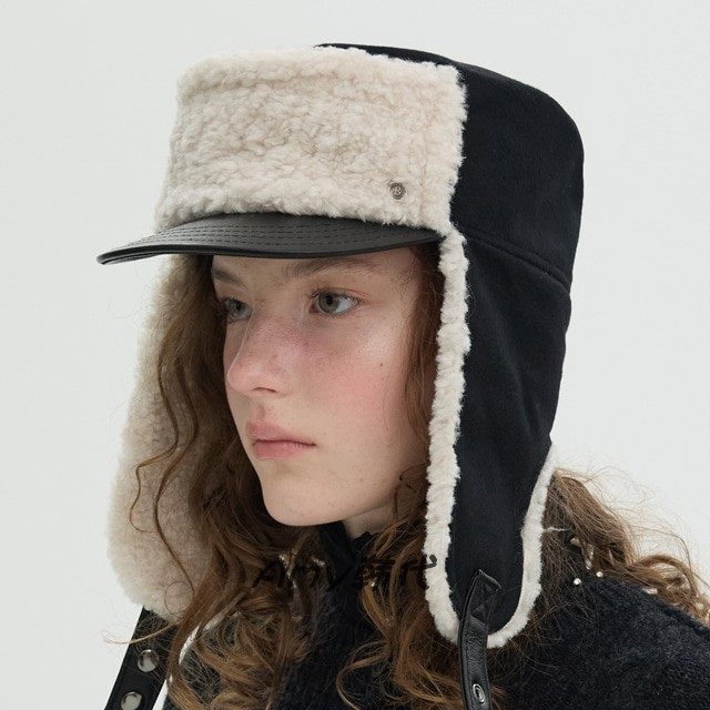 韩国代购 Brown hat Lambskin Detail Trooper Cap羊皮护耳骑士帽