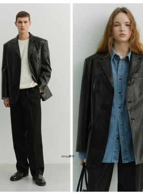 韩国代购26春款DUNST UNISEX 3 BUTTON ALTER男女款皮革西装外套