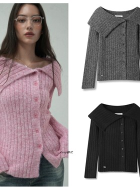 Amy韩国官网vivacious 25冬翻领露肩毛衣开衫Soleil Off Shoulder