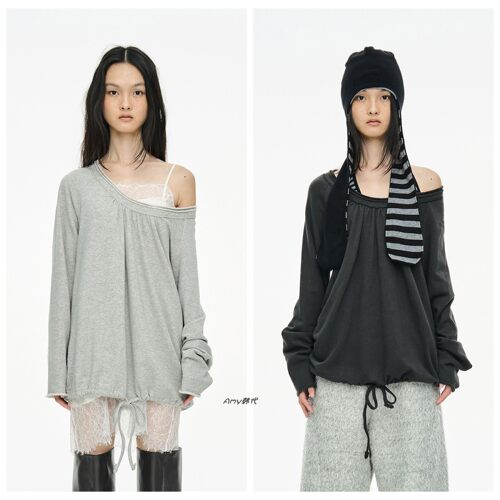 Amy韩国设计师品牌cerric Round Hem String Top休闲抽绳长袖T恤