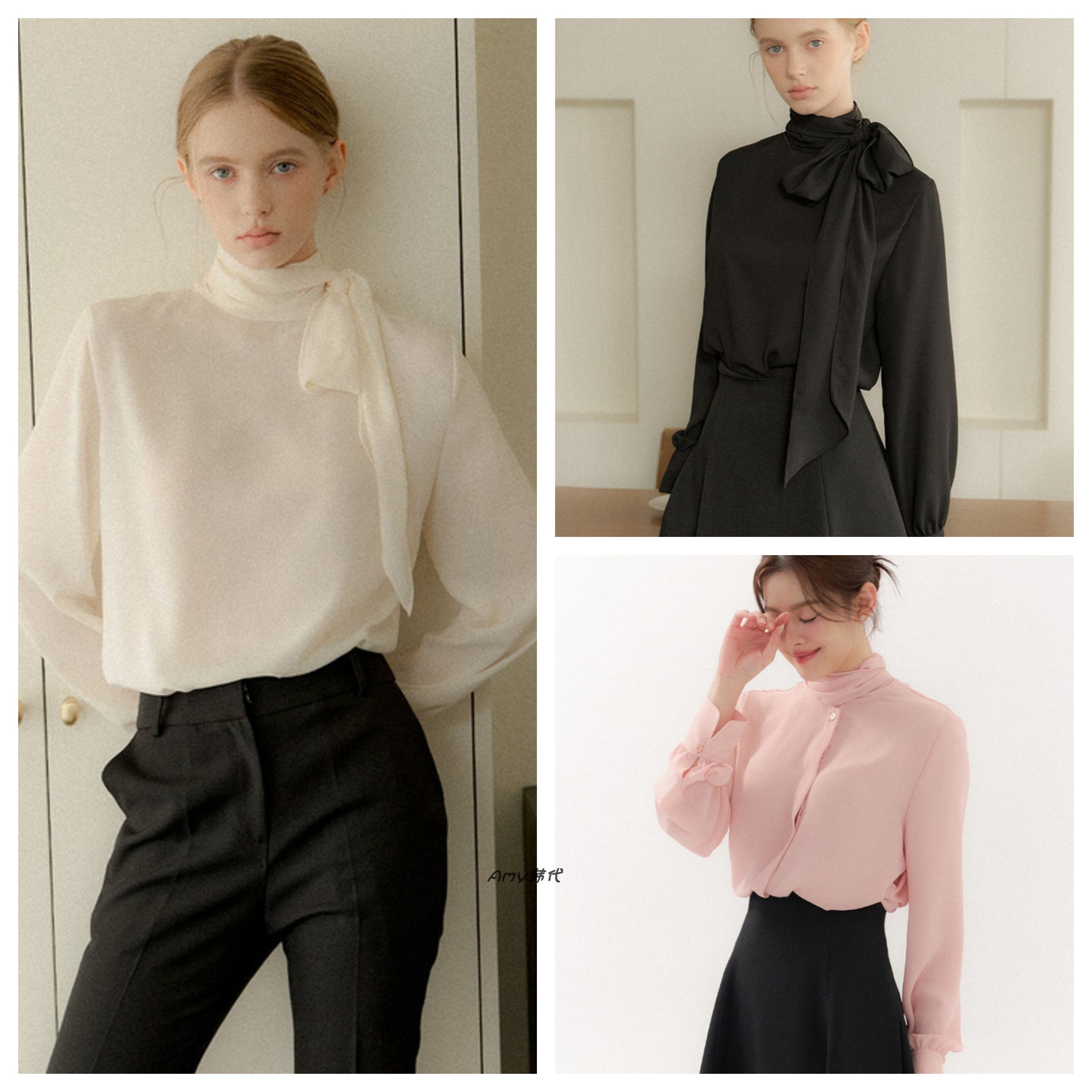 Amy韩国代购Leroman 25新款优雅气质飘带系领衬衫2way Tie Blouse