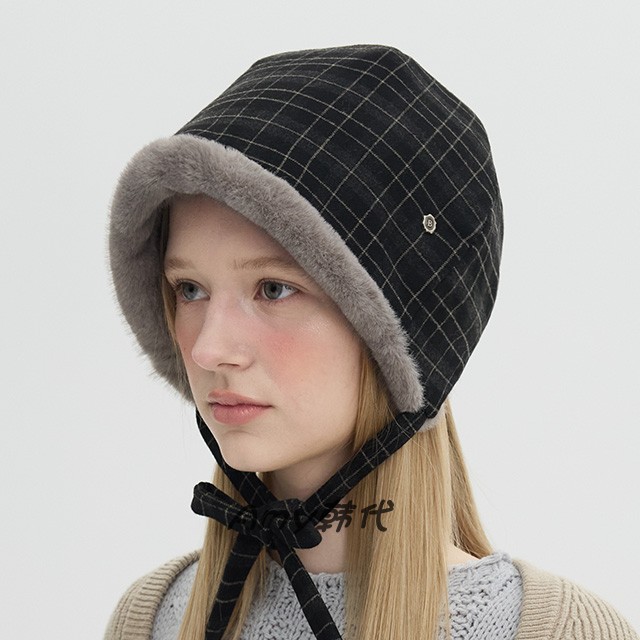 Amy韩国代购 25秋冬Brown hat Iris Bonnet 双面羊毛格子侍女帽子