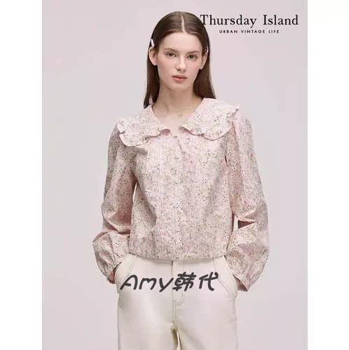 Amy韩国代购[Thursday Island]花卉刺绣荷叶边衬衫 T242MBL140W