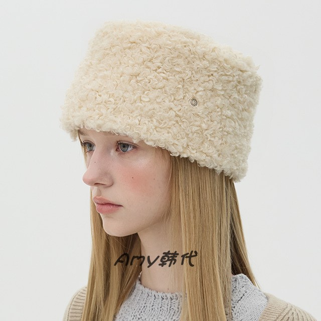 Amy韩国代购 25秋冬Brown hat Pillbox - Pompom羊羔毛包头平顶帽