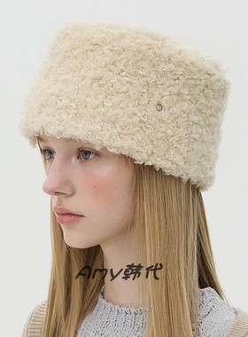 Amy韩国代购 25秋冬Brown hat Pillbox - Pompom羊羔毛包头平顶帽