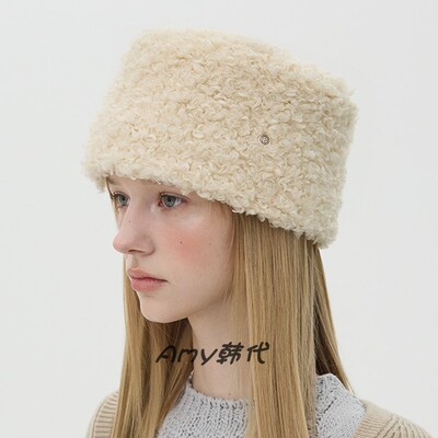 Amy韩国代购 25秋冬Brown hat Pillbox - Pompom羊羔毛包头平顶帽