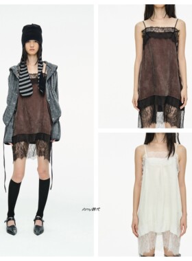 Amy韩国设计师品牌cerric25冬蕾丝边纯欲风百搭吊带连衣裙2色