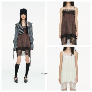 Amy韩国设计师品牌cerric25冬蕾丝边纯欲风百搭吊带连衣裙2色