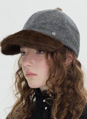 Amy韩国代购 25秋冬Brown hat Fur Brim Point Cap皮草拼接棒球帽