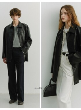 Amy韩国代购26春款DUNST UNISEX ALTER-LEATHER HALF皮革夹克外套