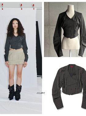 25秋冬韩国代购mschf ASYMMETRIC BASQUE JACKET修身短款条纹外套