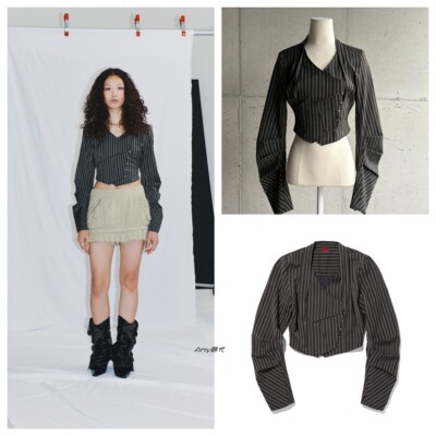 25秋冬韩国代购mschf ASYMMETRIC BASQUE JACKET修身短款条纹外套