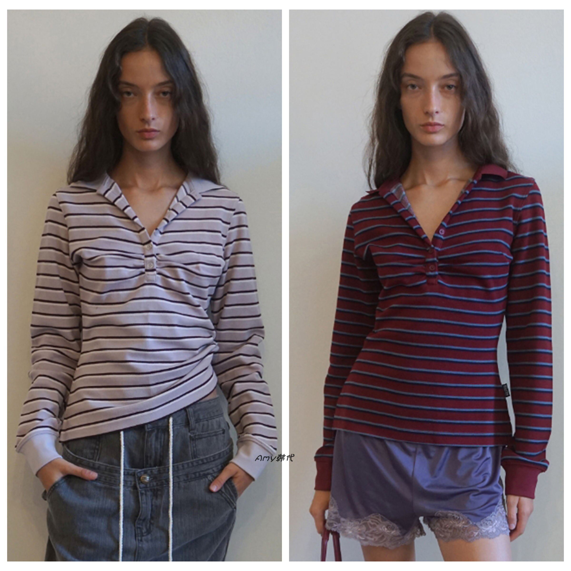 限折 韩国代购SCULPTOR 26春款Shirring Tennis Shirt皱褶条纹T恤