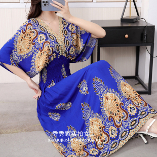 棉绸长裙民族风波西米亚沙滩裙连衣裙蝙蝠袖 高腰海边度假碎花裙子