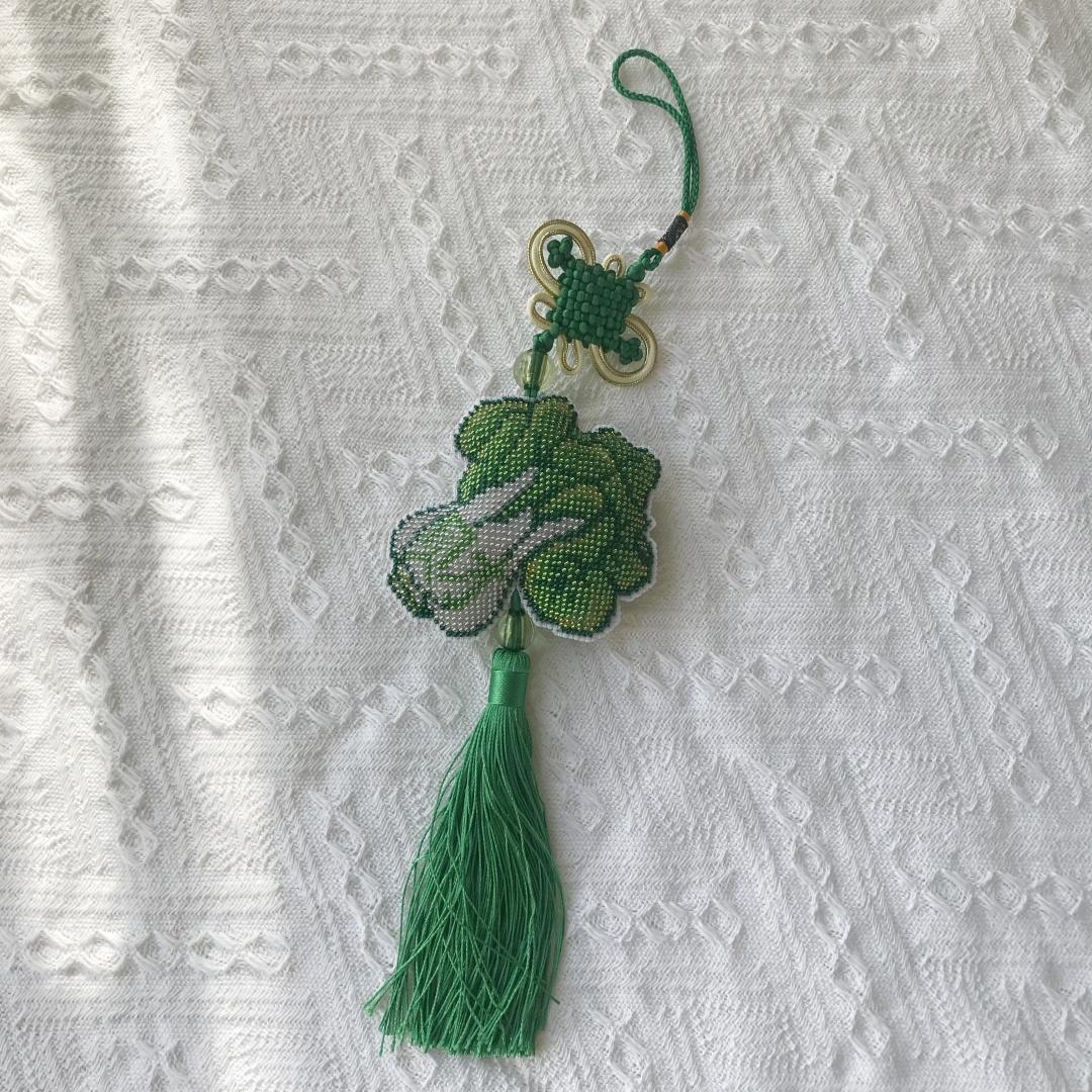 新款百财纳福白菜满珠子纯手工十字绣汽车挂件成品全珠绣车内挂饰