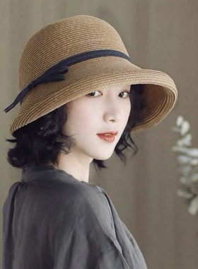 春夏季赫本风文艺简约遮阳帽女可折叠盆帽卷边渔夫帽子防晒太阳帽