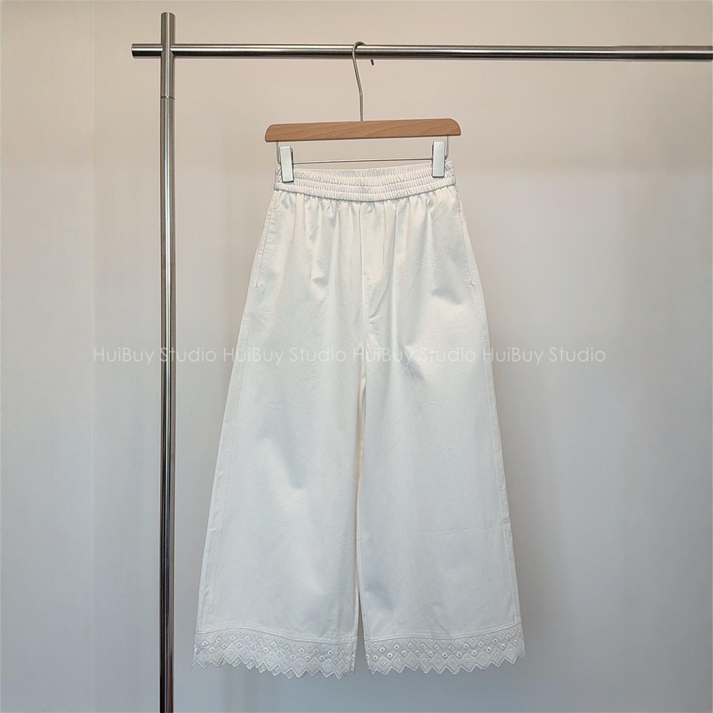 【会buy实拍】白色花边拼接阔腿休闲裤女2025年夏季新宽松九分裤