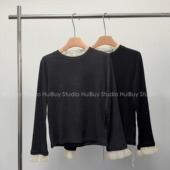 暖T秋冬内搭 唯美柔纱木耳边长袖 会buy实拍 轻奢花边抓绒打底衫