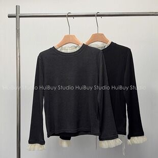 唯美柔纱木耳边长袖 轻奢花边抓绒打底衫 暖T秋冬内搭 会buy实拍