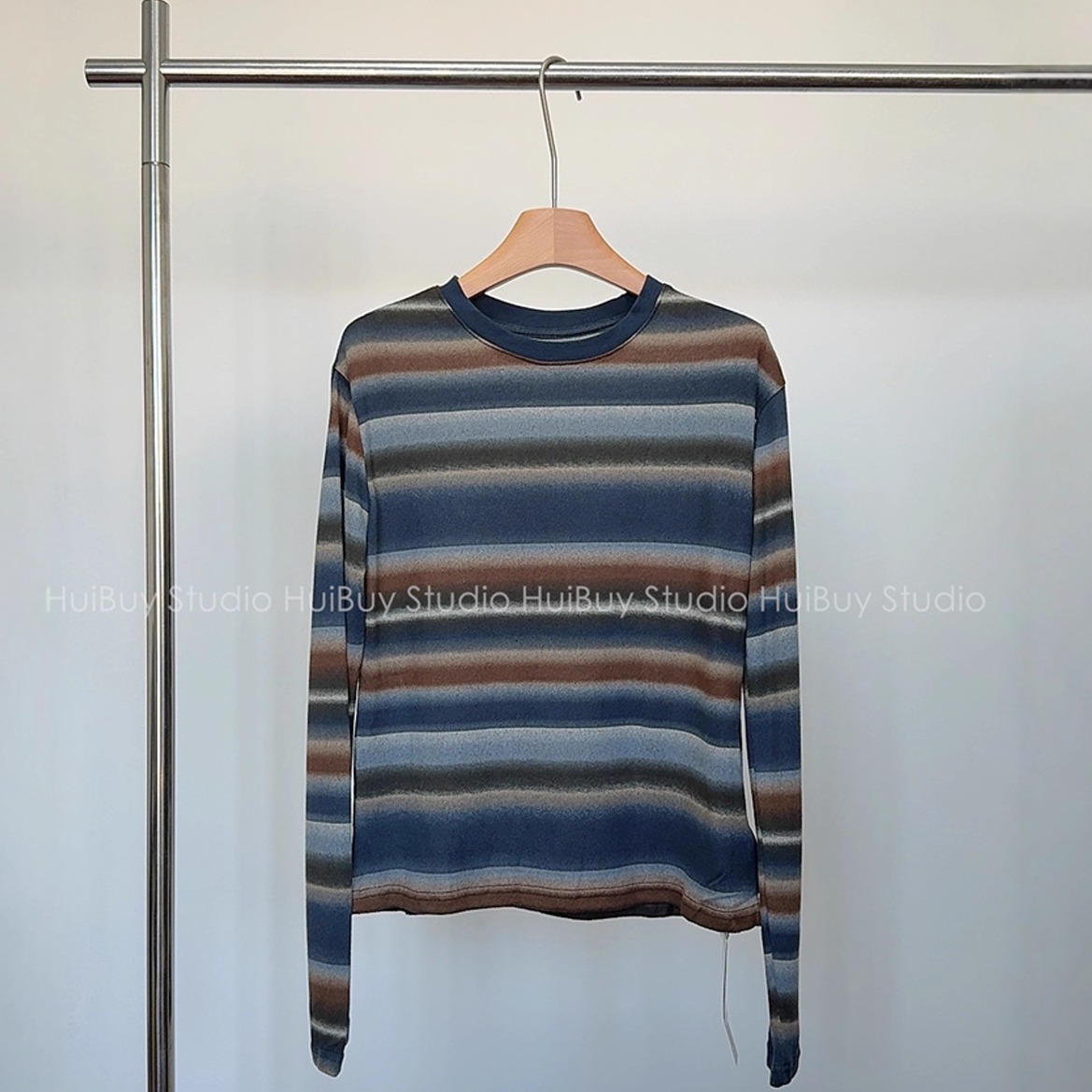 【会buy实拍】月光T极简时尚氛围大条纹渐变百搭圆领打底衫T恤女