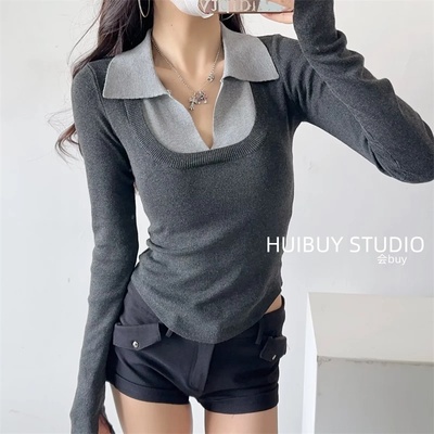 温柔暴击修身性感撞色翻领打底衫