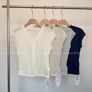 短袖 薄款 羊毛V领纽扣飞袖 上衣 T恤女夏季 会buy实拍 超好看软糯