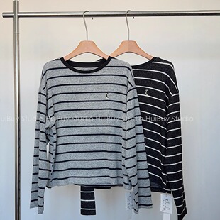 内搭针织衫 刺绣圆领撞色条纹长袖 糯米兔毛绒 上衣秋 会buy实拍