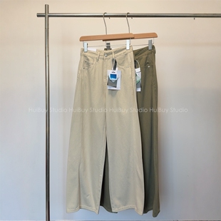 杨桃裤 复古灰苔绿立裁侧缝阔腿宽松牛仔拖地长裤 会buy实拍