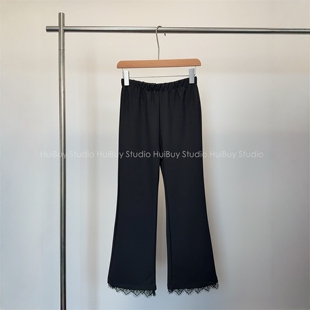 时髦精 拼接蕾丝微喇弹力松紧显瘦百搭九分小黑裤 春 会buy实拍