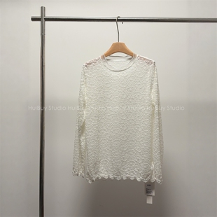 浪漫浅春柔光米白色圆领长袖 网纱领蕾丝衫 打底衫 会buy实拍