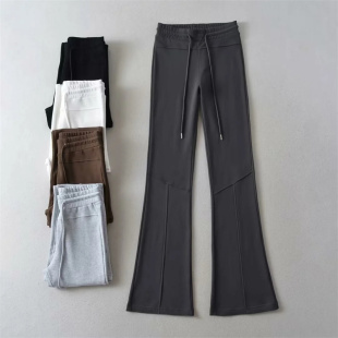 潮 女早秋新款 会buy欧美范街拍复古喇叭高腰运动修身 显瘦抽绳卫裤