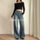 会buy蓝色水洗休闲牛仔裤 子潮 长裤 女2024秋冬新款 直筒宽松阔腿裤