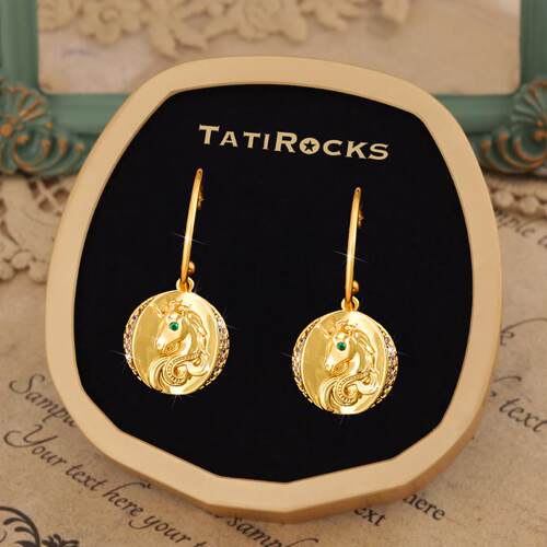 丹麦【设计师】Tatirocks满钻独角兽金币耳钉高级感轻奢宝石耳环