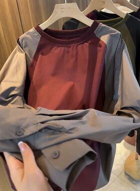 欧货2024秋新款设计感撞色拼色宽松圆领百搭衬衣女长袖插肩袖上衣