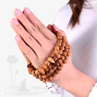 肥城天然桃木莲花108粒莲花手链手串多圈佛珠念珠手链男女款手串