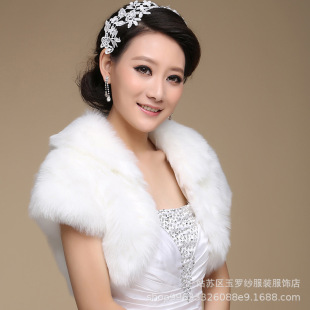亚马逊新娘结婚毛绒披肩 婚庆礼服仿兔毛绒披肩短袖系带外套
